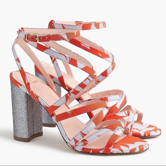 J. Crew Stella In orange and blue Ratti Falling Leaves glitter strappy heels - Picture 2 of 7